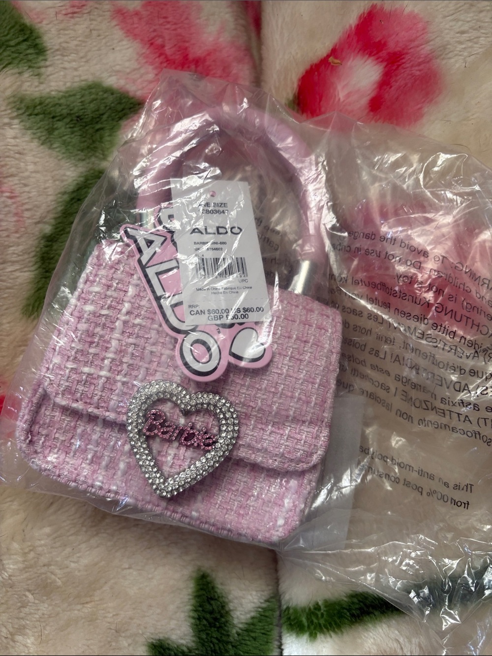Aldo Pink Tweed Kids Mini Crossbody with Rhinestone Heart